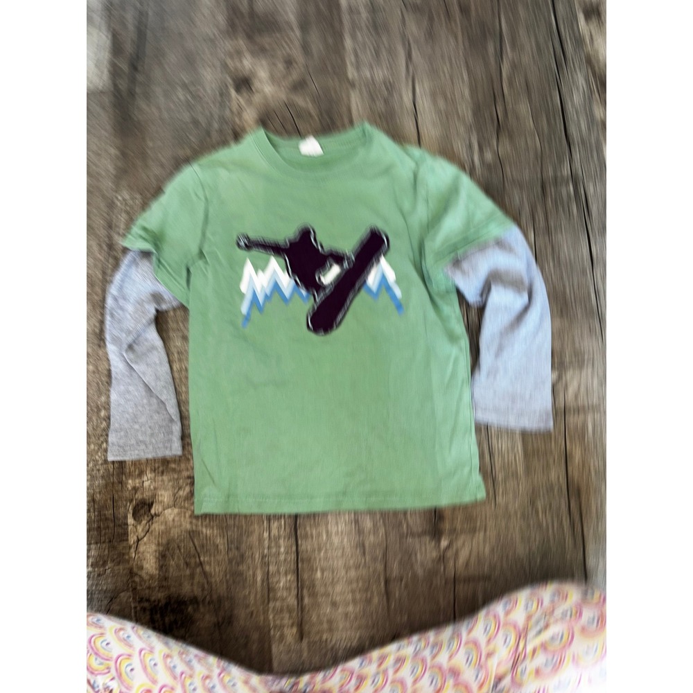 Mini‎ Boden Boys Green Layered Long Sleeve Snowboarder Graphic Tee Shirt 9-10Y